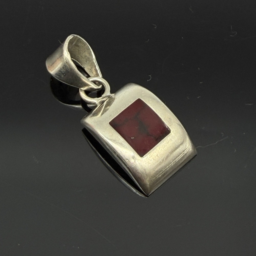 Vintage Mexico Sterling Inlaid Red Jasper Curved Pendant 1.25" Silver 925